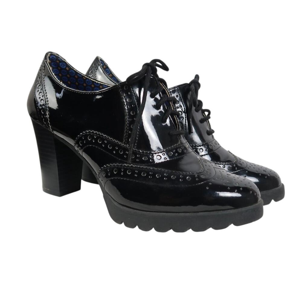 Dexflex Comfort Shoes Black Faux Patent Leather Heeled Oxford Booties 7
